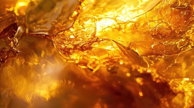 A close-up of a smooth amber gemstone with intricate natural patterns and warm, golden hues.