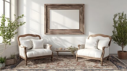 Cozy and Inviting Farmhouse Living Room Vignette with Distressed Wood Frame Plush Armchairs Vintage Area Rug and Natural Light in Muted Color Palette