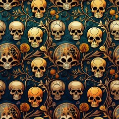 Repeating pattern of skulls, crossbones, vines, and cobwebs.