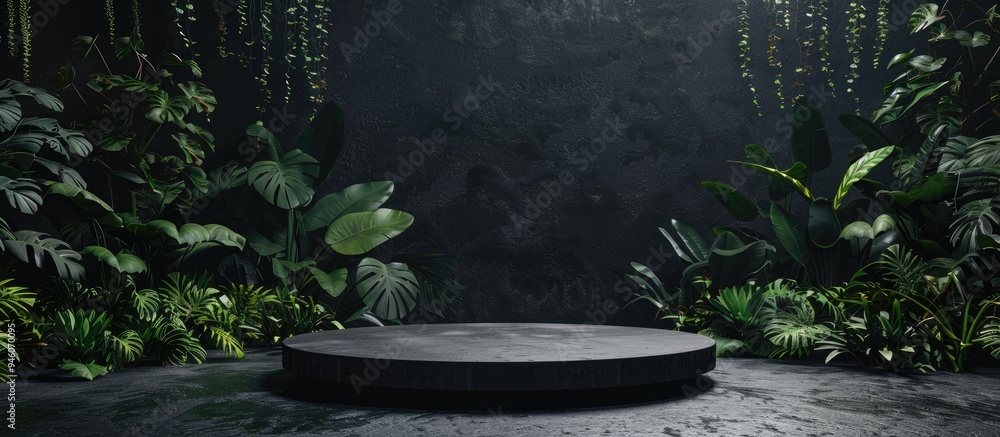Poster empty black stone platform surrounded by lush plants against a dark background. copy space image. pl