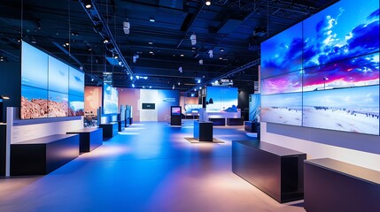Fototapeta premium Cutting edge product showcase on large screens features detailed benefits and highlights in bright, modern exhibition spaces with contemporary décor