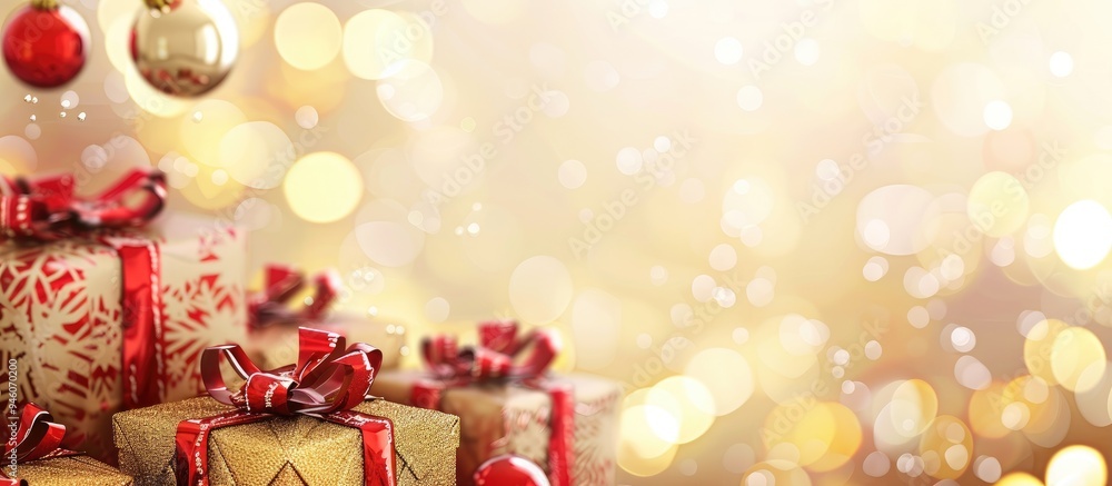 Poster group of golden and red christmas decorative gifts on a bokeh background. copy space image. place fo
