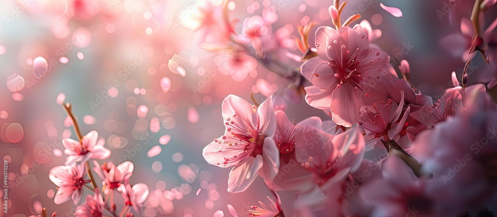 Poster japanese cherry blossoms. copy space image. place for adding text and design
