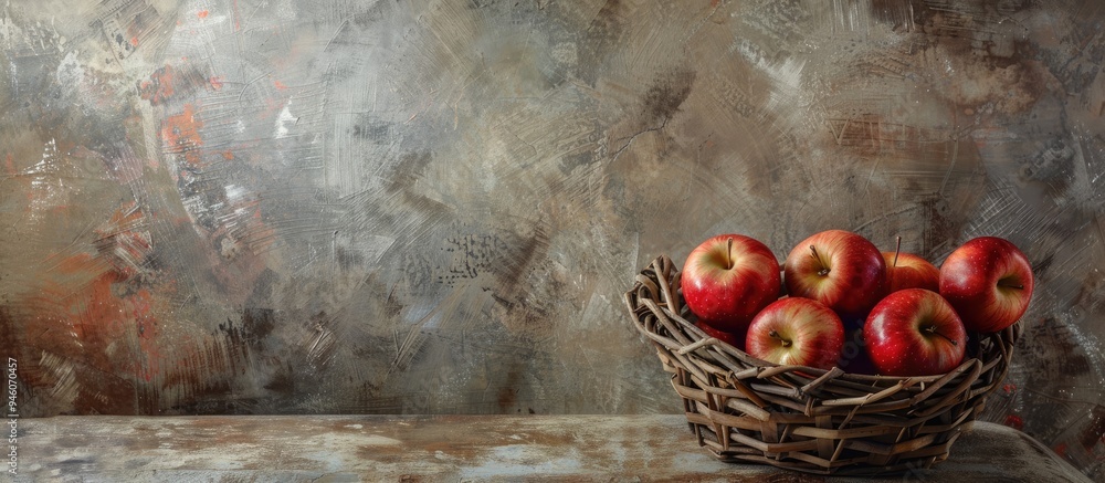 Poster textured vintage paper backdrop featuring red apples in a small birch bark basket. copy space image.