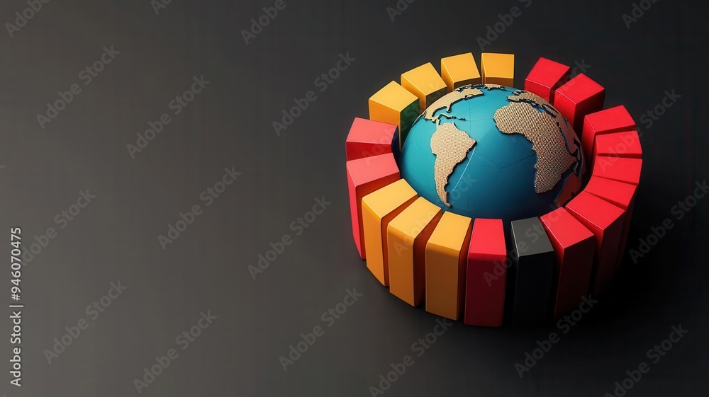 Wall mural Bar graphs circling a globe, global market competition visualization, 3D illustration