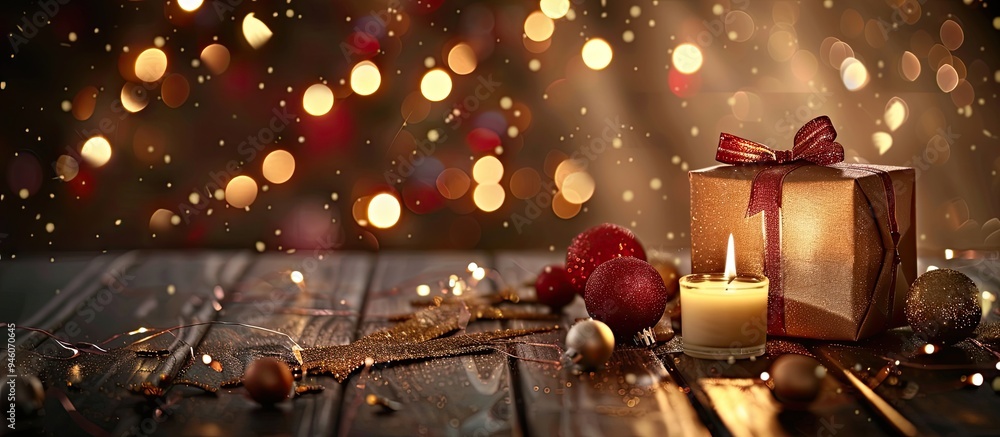 Poster new year greeting card gift box and candle featuring space for messages. copy space image. place for