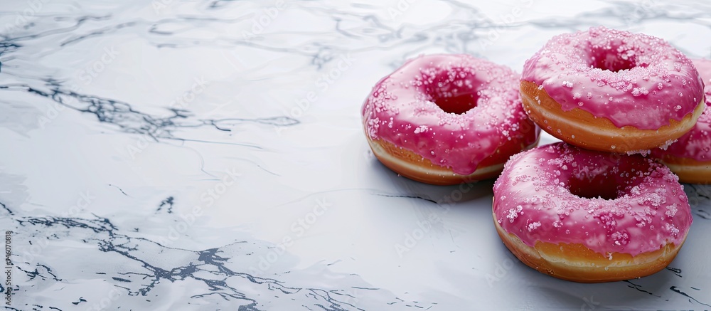 Poster tasty donuts on the marble table. copy space image. place for adding text and design