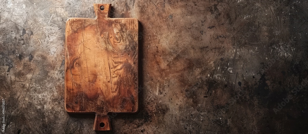 Poster worn cutting board on the table. copy space image. place for adding text and design