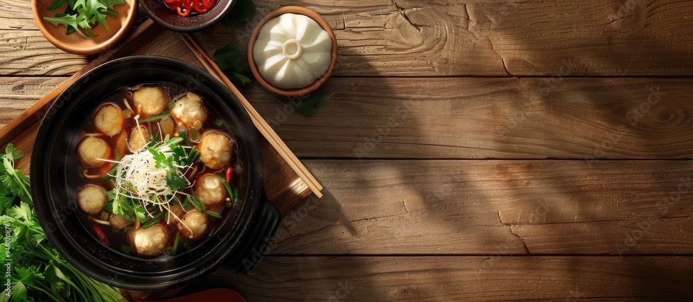 Poster japanese hot pot sardine fish balls and tofu topped with nutritious radish sprouts. copy space image