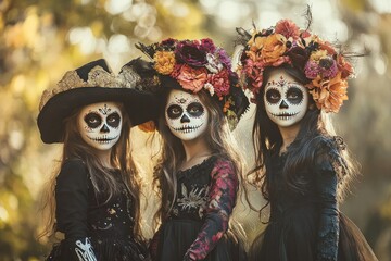 Obraz premium Three Young Girls in Day of the Dead Makeup and Costumes