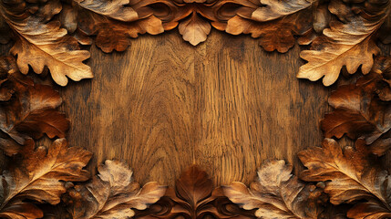 Brown oak leaves frame a wooden background.