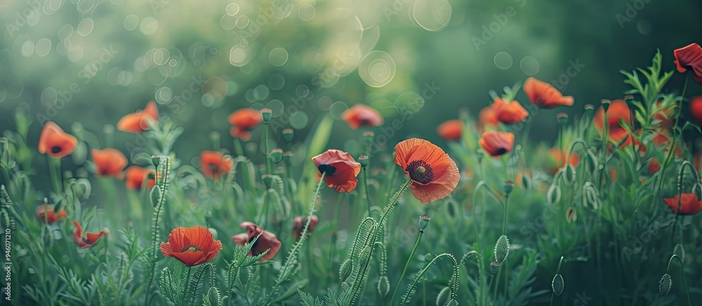 Poster blooming poppy flowers in soft focus with grass during summer blurred green backdrop suitable for pr