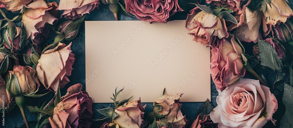 Poster blank card for your message on a backdrop of romantic dried roses square image with a toned effect i