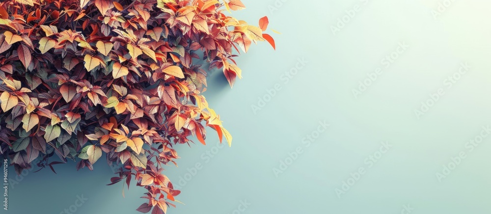 Poster crown of a tree featuring the initial autumn leaves background with selective focus and copyspace fo