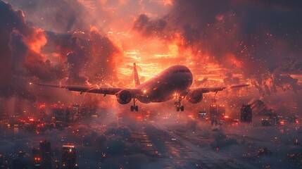 Airplane Landing Through Fiery Sunset Clouds Over City