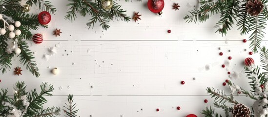 Xmas card featuring copy space on a white wooden backdrop Christmas theme Top view