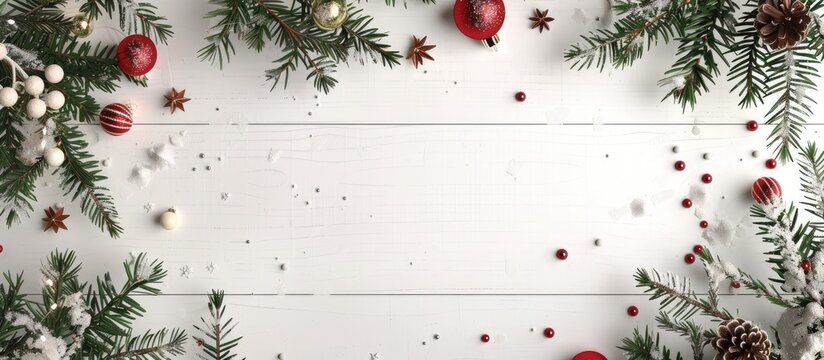 Xmas card featuring copy space on a white wooden backdrop Christmas theme Top view