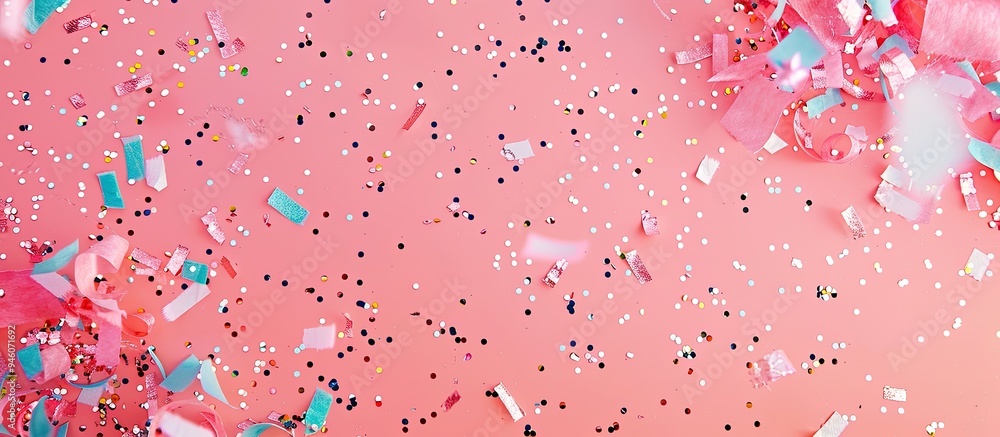Poster sparkles confetti and a card for adding text against a colored background from a top view minimalism