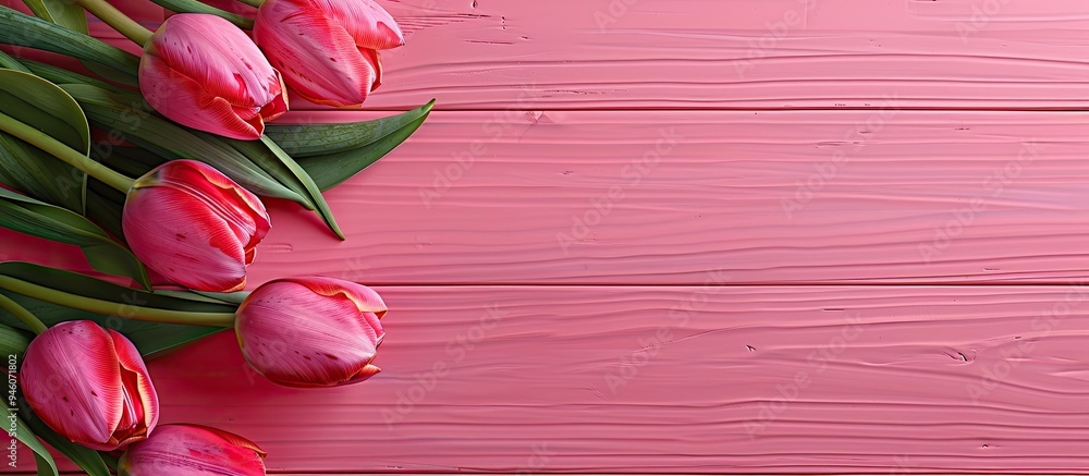 Poster beautiful fresh tulips on a pink wooden surface space for text. copy space image. place for adding t
