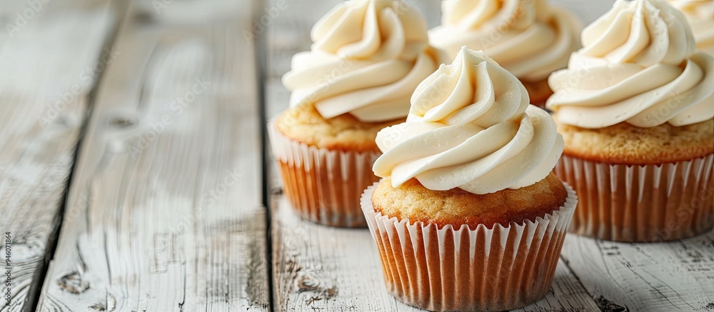 Aufkleber delicate and tasty vanilla cupcakes topped with cream cheese frosting placed on a white wooden surfa