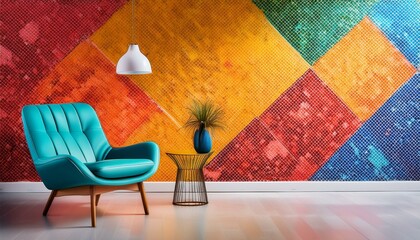 Vibrant geometric composition with mosaic wall and modern armchair.