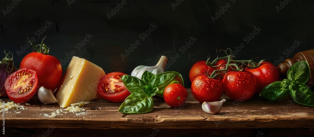 Aufkleber tomatoes garlic basil and parmigiano cheese on an aged authentic table freshly made ingredients. cop