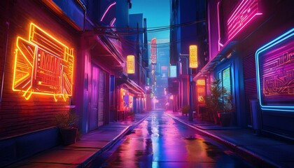 Vibrant Neon Warning Sign Illuminating Urban Alleyway at Dusk With Colorful Lights