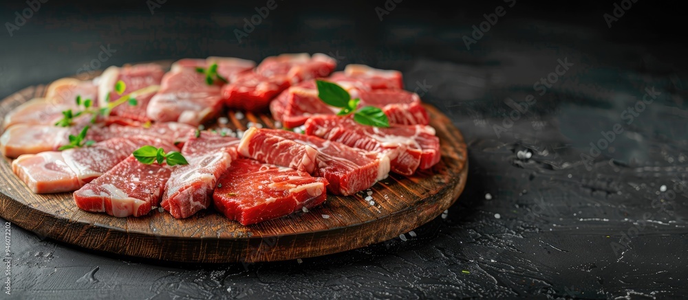 Aufkleber raw meat beef and pork cuts on a wooden platter. copy space image. place for adding text and design