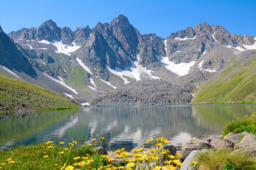 Beautiful natural landscape with high rocky mountains and crystal clear lake. Blue lagoon. Blue lake. Beautiful mountain with lake. Wild flowers