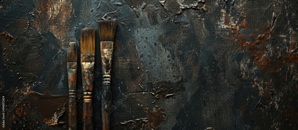 Poster worn out paint brushes. copy space image. place for adding text and design