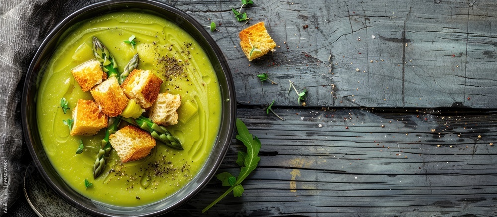 Poster tasty asparagus soup with croutons presented on a grey wooden table. copy space image. place for add