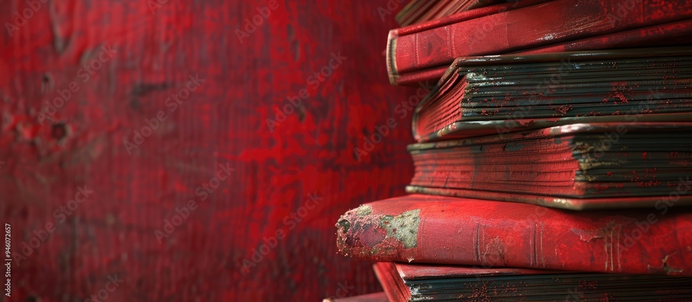 Poster stack of vintage hardcover red books fall reading list. copy space image. place for adding text and 