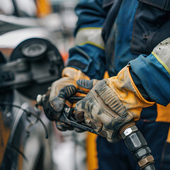 A man in a mechanic's uniform holding a fuel dispenser.