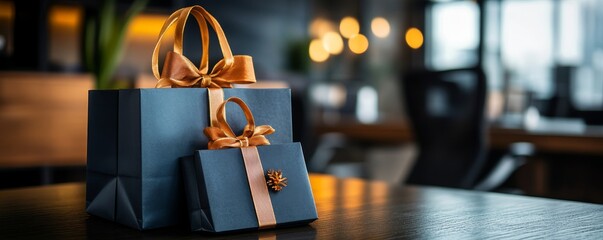Elegant blue gift boxes with gold ribbons on a dark table, blurred office background. Perfect for celebrations and corporate gifts.