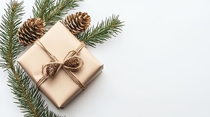 A beautifully wrapped gift with pinecones and evergreen branches, perfect for holiday celebrations.