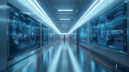 Obraz premium A high-tech hospital wing showcases advanced information systems on large screens, illuminated by bright, cool lighting in a sterile environment.