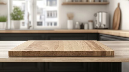 Fototapeta premium Empty wooden plate on a wood table, blurred modern kitchen background, and wooden desk space. Wooden pedestal of free space for your decoration, board of brown wood, and mockup backdrop, cozy home con