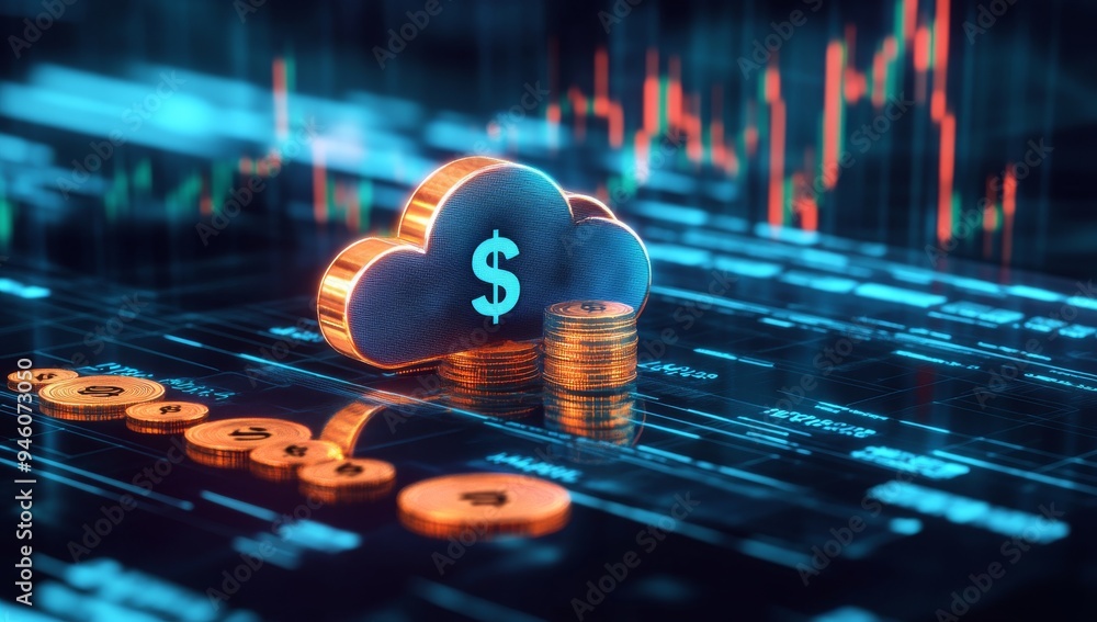 Poster digital rendering of cloud technology with coins and financial charts, symbolizing advanced cybersec