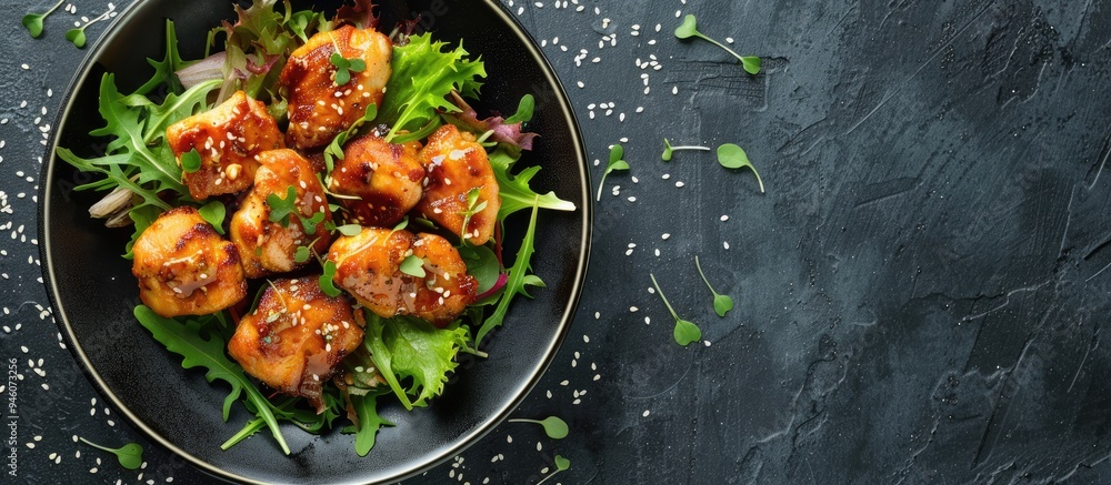 Aufkleber ginger chicken served with salad as a side dish. copy space image. place for adding text and design