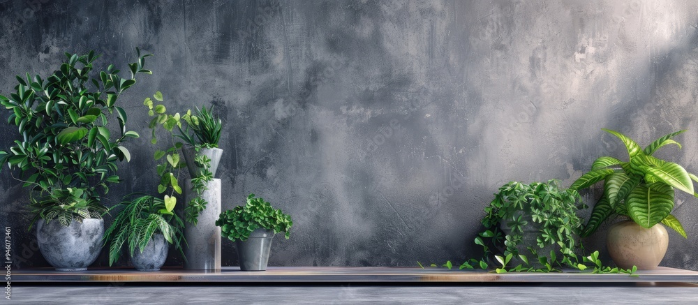 Poster green plants on the kitchen shelf. copy space image. place for adding text and design