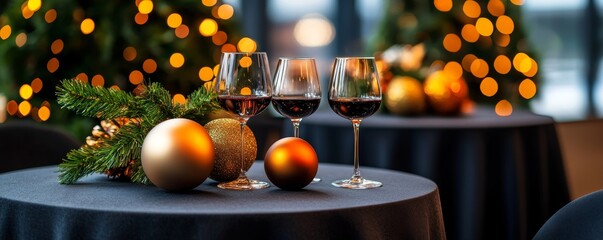 Elegant holiday setting with festive decorations, wine glasses, and warm bokeh lights in the background, perfect for celebrations.