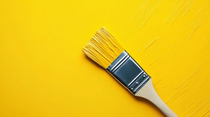 Paintbrush with Yellow Paint on Bright Yellow Background"