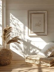 Cozy and inviting farmhouse style interior featuring a shabby chic picture frame whitewashed shiplap walls and natural woven accents in warm natural sunlight  3D of a charming