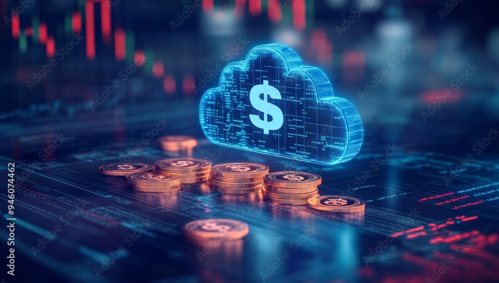 Poster digital rendering of cloud technology with coins and financial charts, symbolizing advanced cybersec