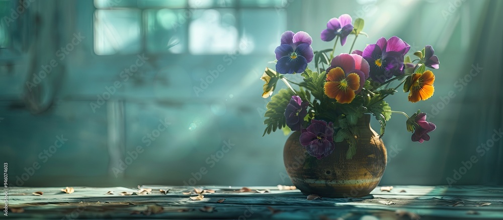 Poster pansy flowers in a vase rustic still life with bright lighting. copy space image. place for adding t