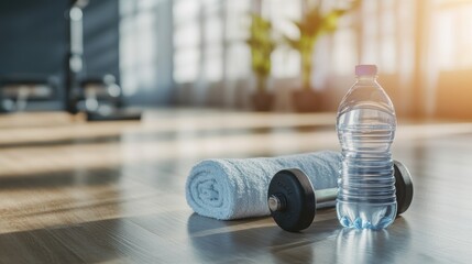 A photograph of a gym floor. On one side you see a dumbbell, a towel and a reusable bottle of water. The other side is free to put text. Defocused background