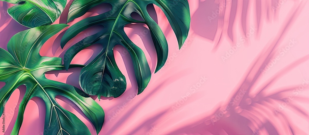 Poster two monstera leaves on a pink background. copy space image. place for adding text and design