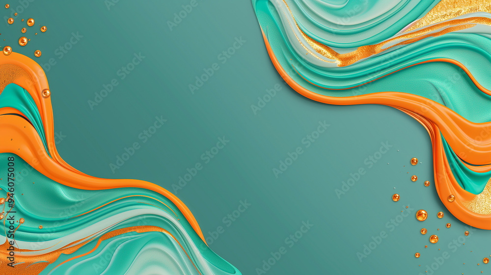 Poster fluid abstract design with orange and teal swirls..