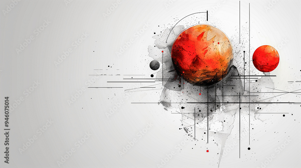 Poster abstract geometric composition with red spheres and black lines..