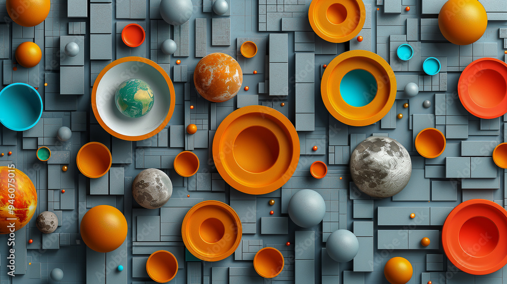 Poster abstract 3d composition with spheres and geometric shapes..